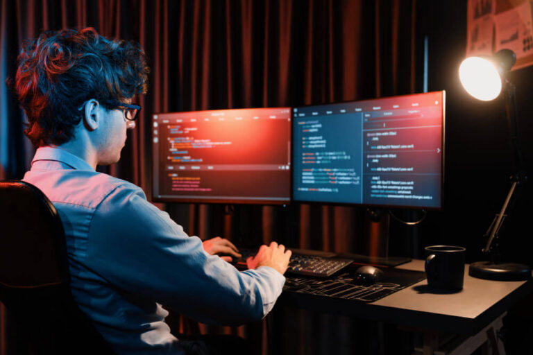 Person coding at desk looking at two monitors.