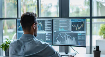 A person sitting at a desk using multiple computer monitors displaying data and graphs. There's a plant and a smartphone on the desk.
