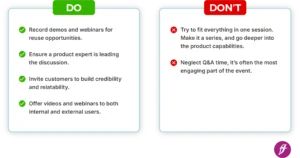 Do and Don't list with points related to product videos.