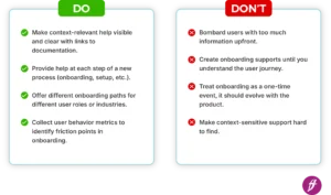 Do and Don't list with points related to user onboarding.