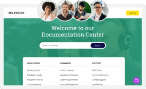 A webpage titled "Welcome to our Technical Documentation Center," featuring a search bar and sections for developers, engineers, and support, along with user profile images at the top.