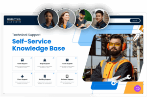 An illustration of a technical support self-service knowledge base for "Mobility Co." featuring service categories like trains, ships, trucks, planes, building, and software support. There are four diverse individuals depicted in circular images, and one man in work attire and safety gear stands prominently in the foreground.