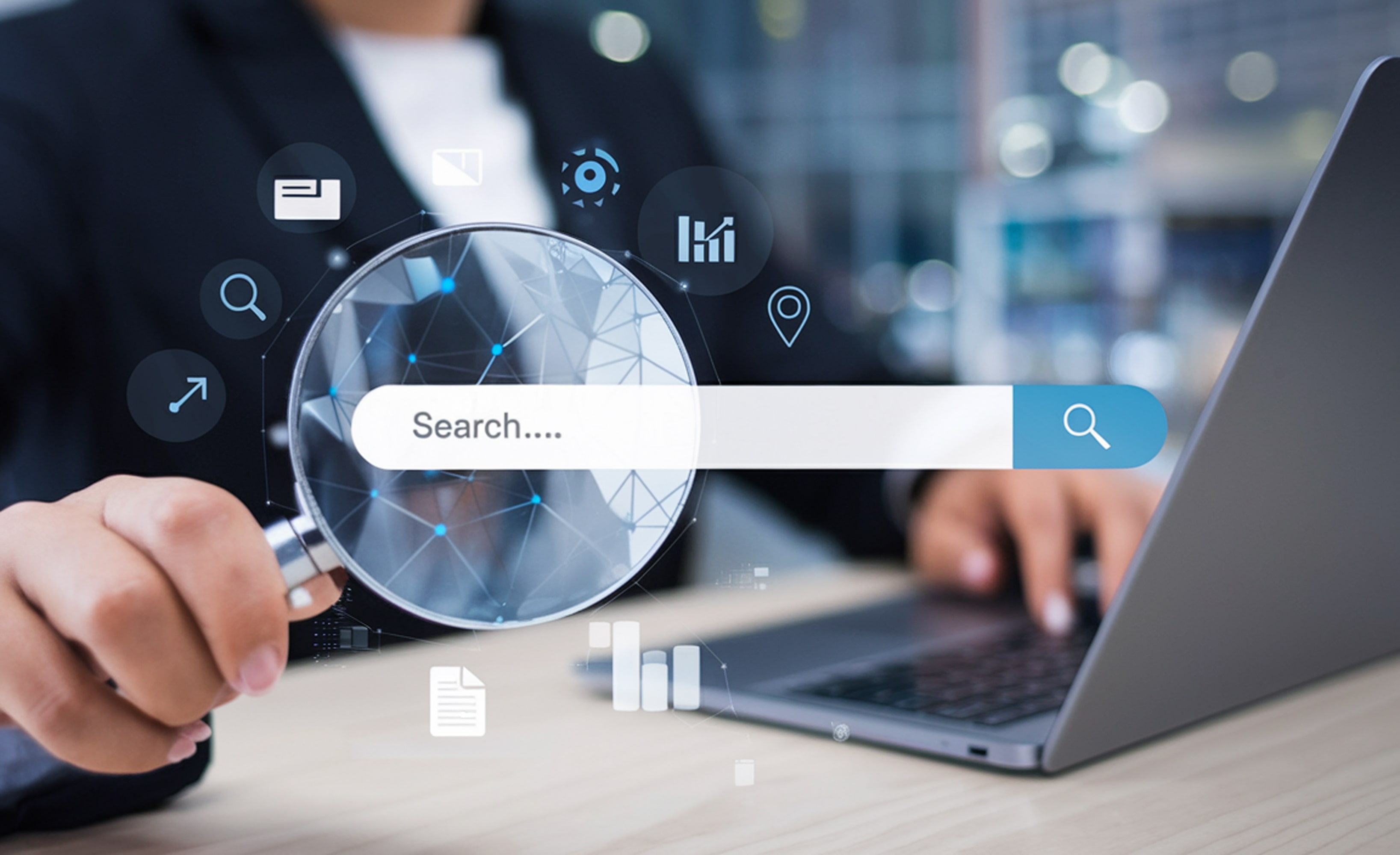 different data icons around search bar and person holding magnifying glass.