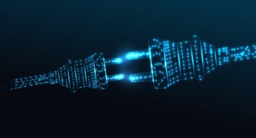 A blue electric plug about to connect to a socket, the plug and socket are made of glowing dots and lines, dark background