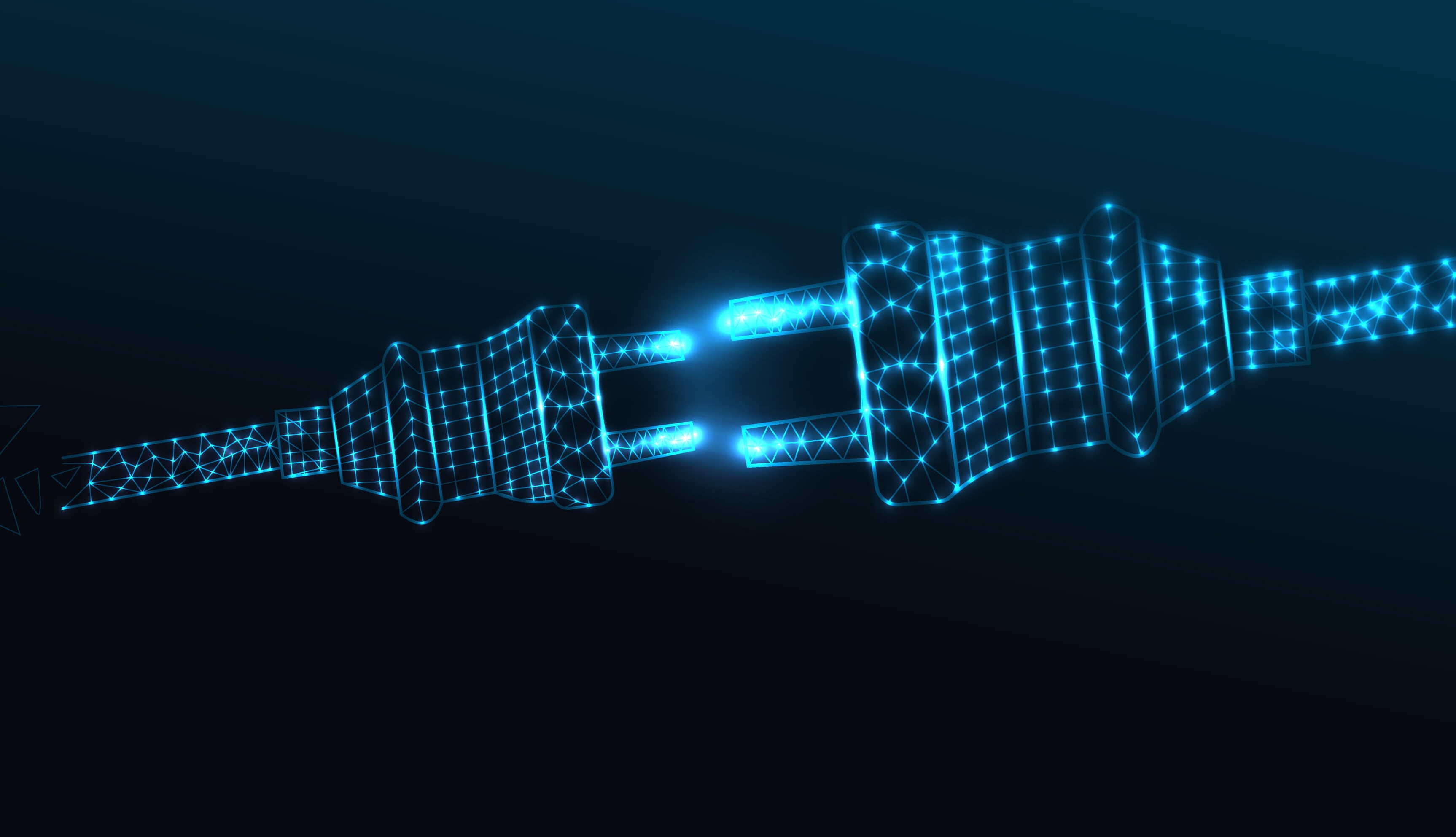 A blue electric plug about to connect to a socket, the plug and socket are made of glowing dots and lines, dark background