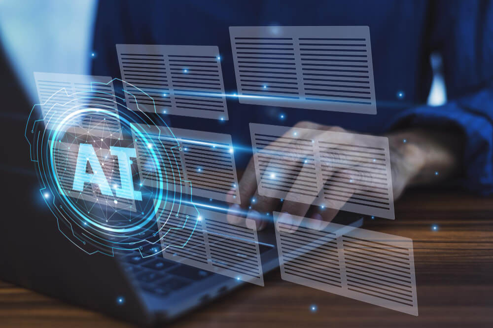 Person typing on a laptop with a digital overlay of content and AI on top.